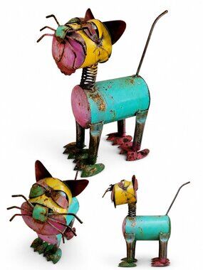 Vintage Scrap Metal Cat Sculpture Folk Art Colorful Handmade Upcycled Whimsical